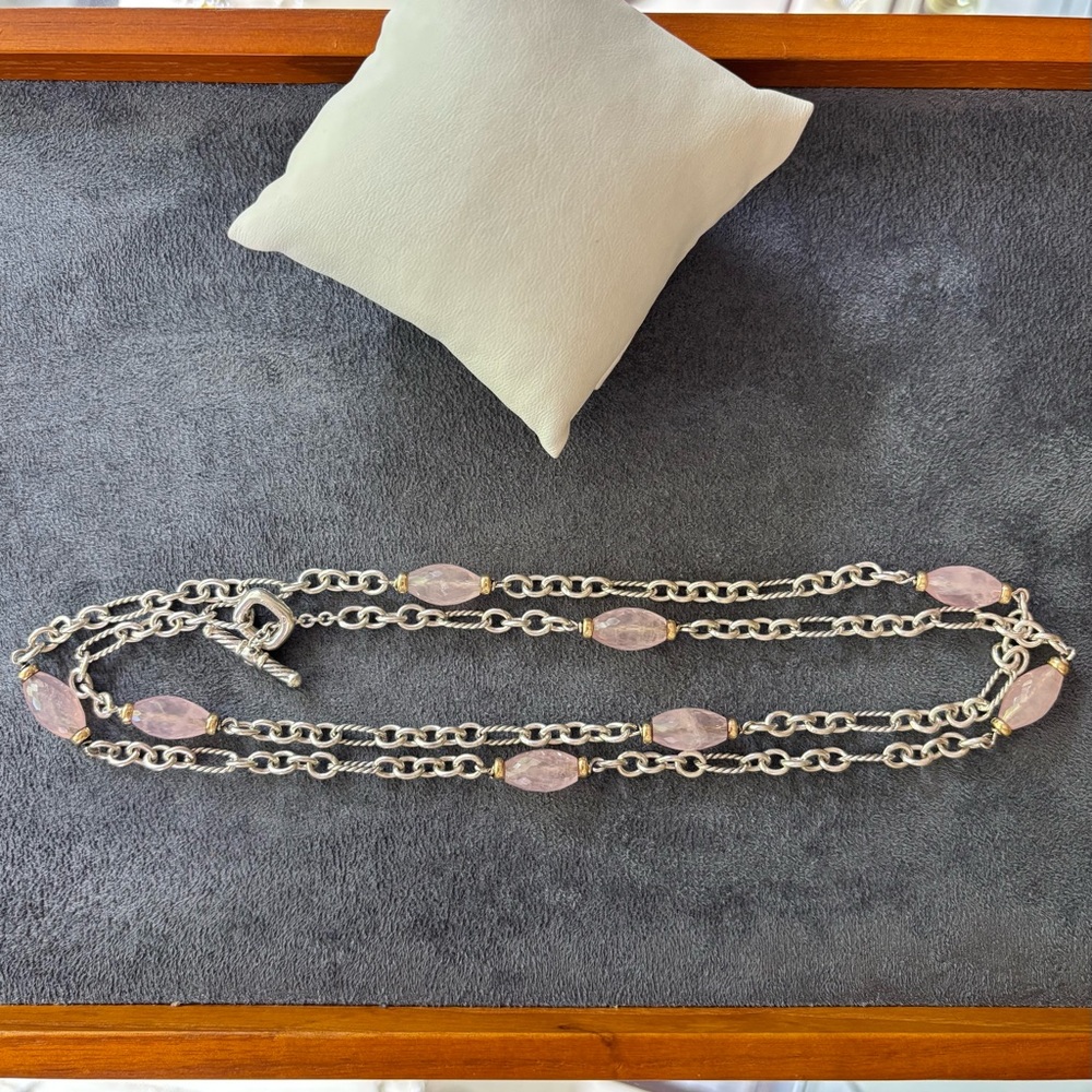 David Yurman 925 & 18k Gold Bijoux Station Necklace with Rose Quartz 34" - Picture 5 of 9